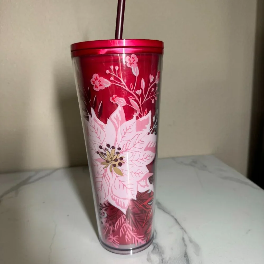 Starbucks Holiday 2022 Red Marble 'Enchanted Forest‎ Pearl' Floral Tumbler NEW